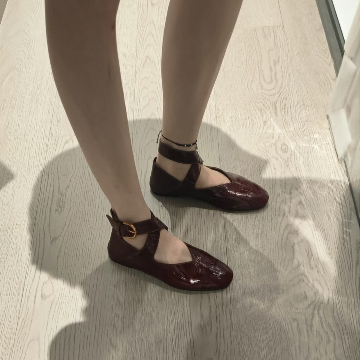 Damen Ballerinas Lack Schlaufen Modisch Glänzend