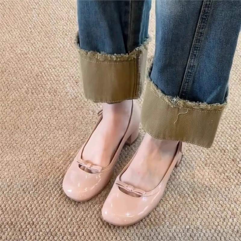 Damen Ballerinas Bequem Blüten Schnalle Blockabsatz