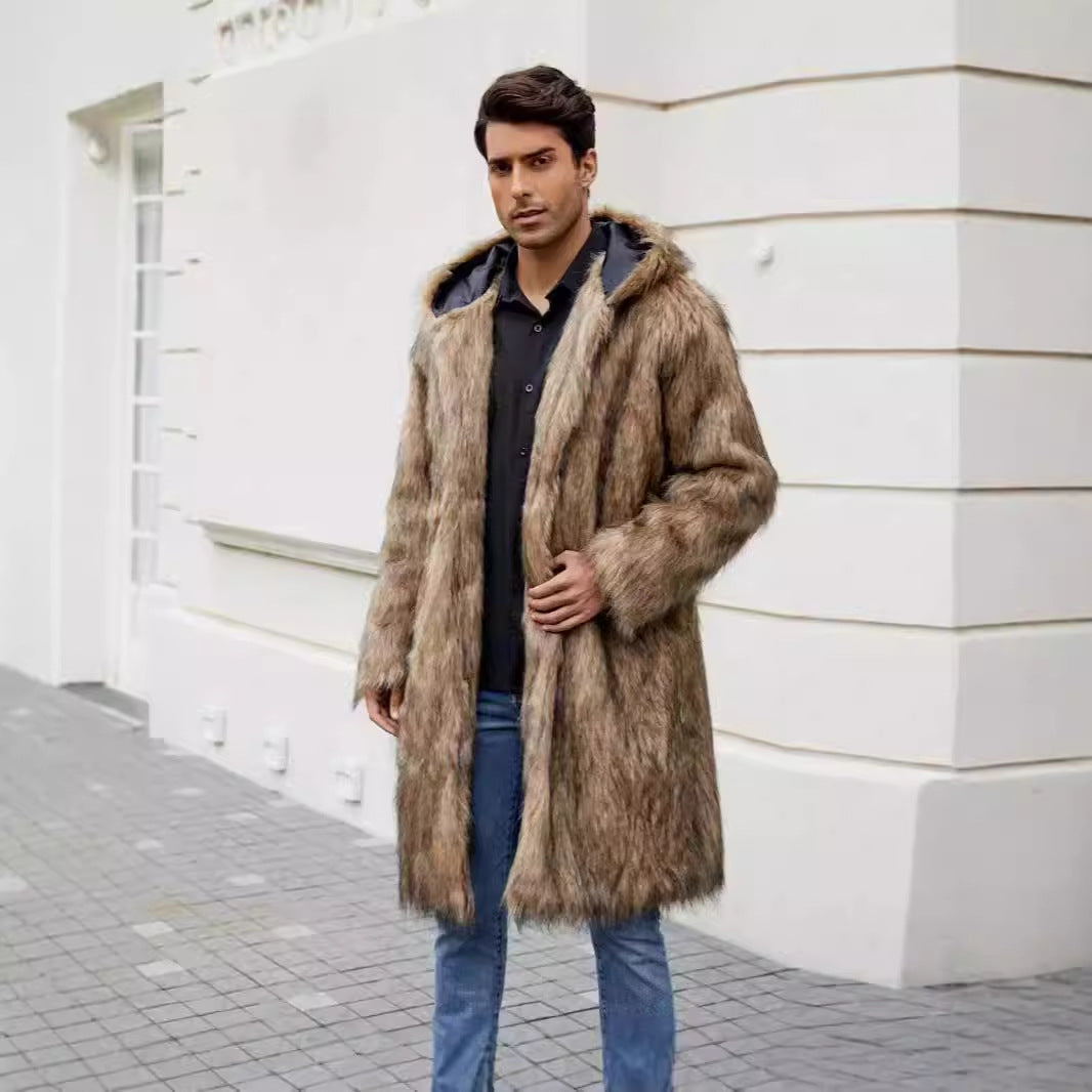 Herren Kunstfellmantel mit Kapuze Wintermantel
