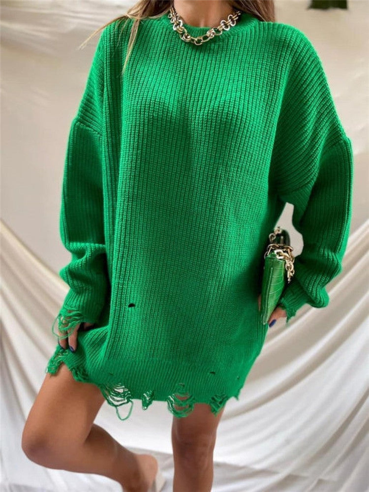 Damen Langkleid Strick Rundhals Lochmuster