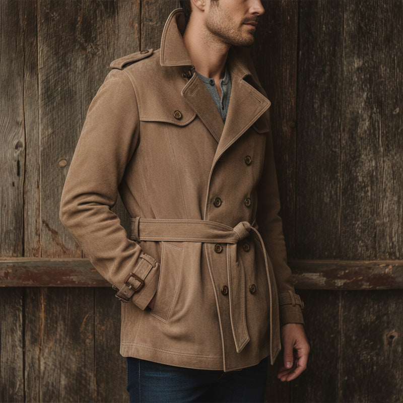 Herren Lederjacke Wildleder Gürtel Elegant Schnitt