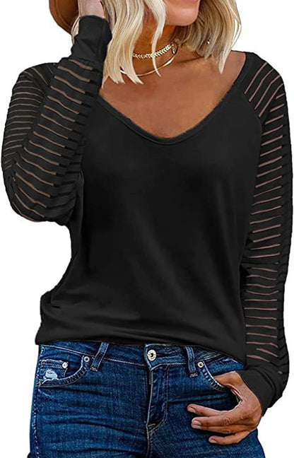 Damen V-Ausschnitt Durchsicht Ärmel Trendy