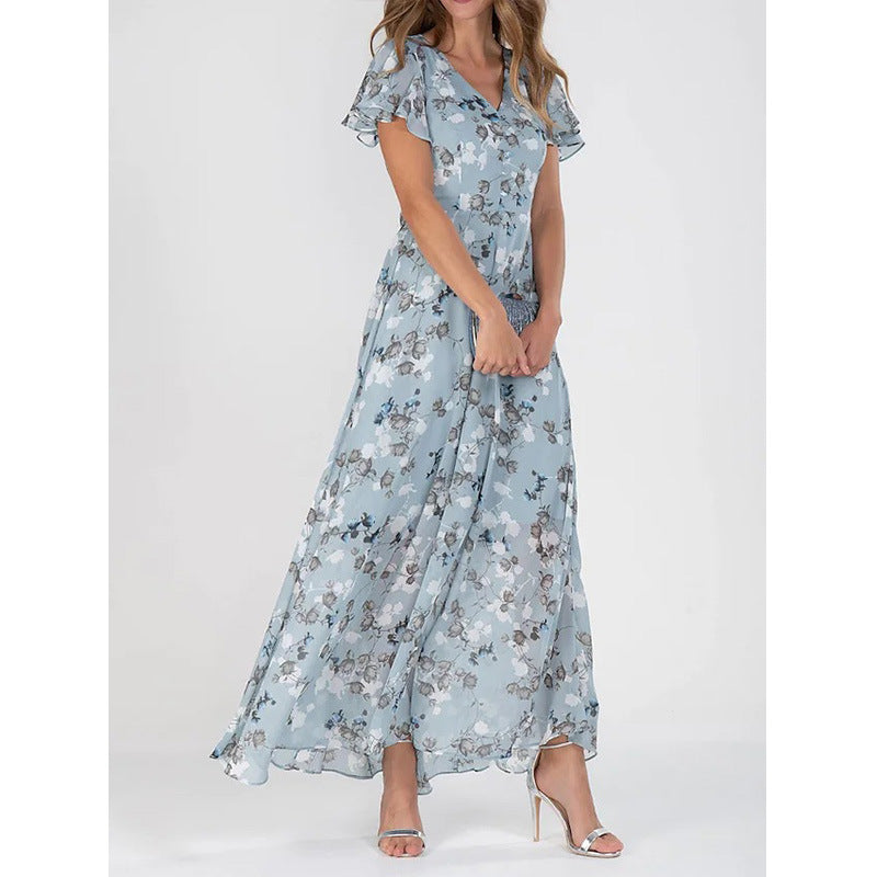 Damen Langarm Maxikleid Chiffon Blumenmuster