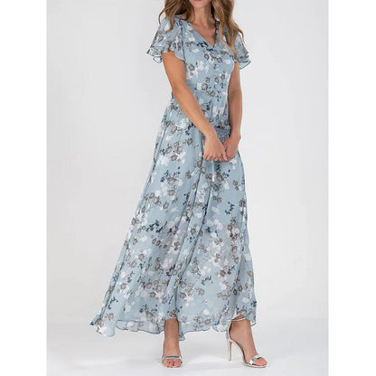 Damen Langarm Maxikleid Chiffon Blumenmuster