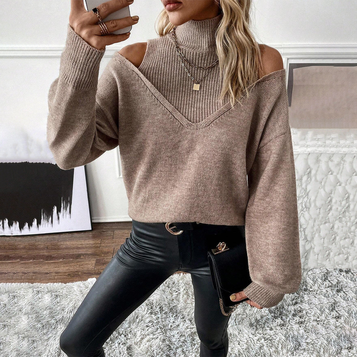 Damen Off-Shoulder Rollkragenpullover Strickweite Frauen - Norvielle