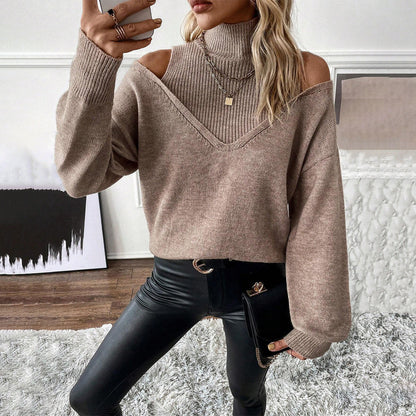 Damen Off-Shoulder Rollkragenpullover Strickweite Frauen - Norvielle