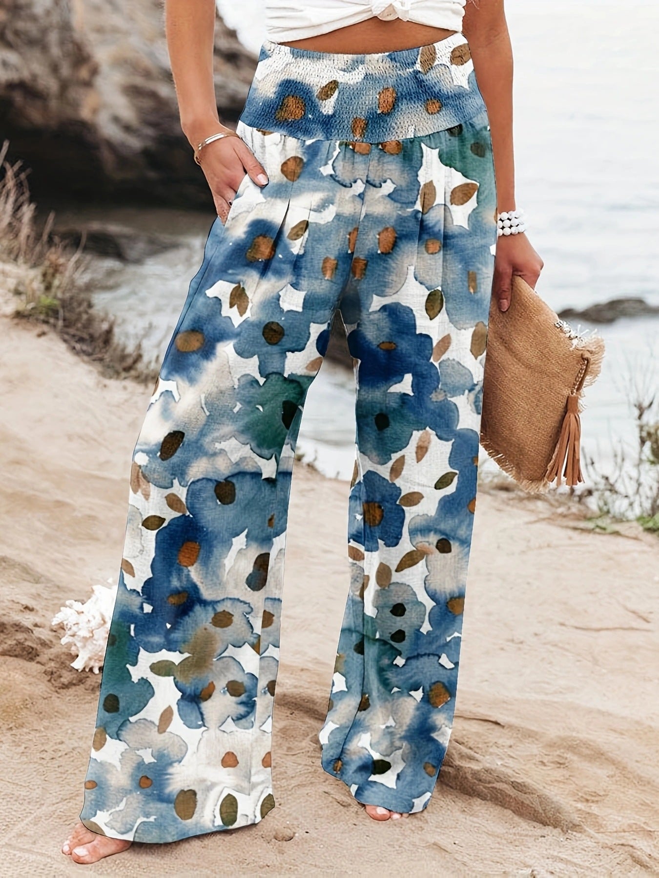 Damen Strandhose Bequem Elastisch Floral