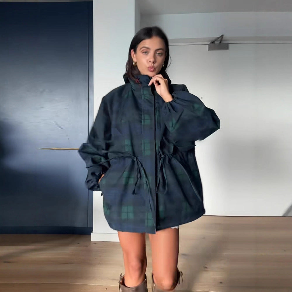 Damen Oversized Karo Jacke Mit Taschen Lässig