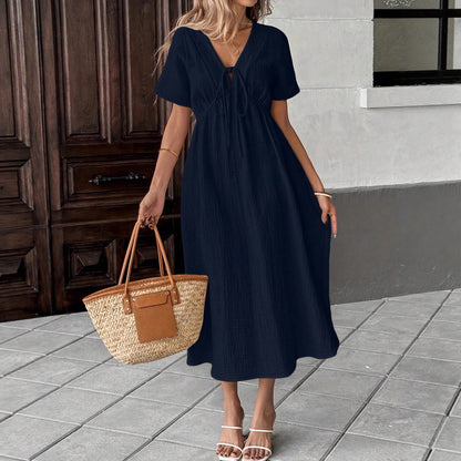 Damen Maxikleid Taillenband Leicht Sommerkleid