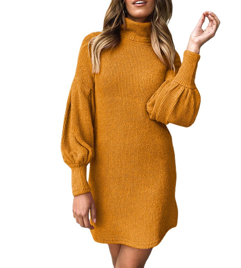 Damen Rippstrick Kleid Kuschelig Puffärmel Hochkragen