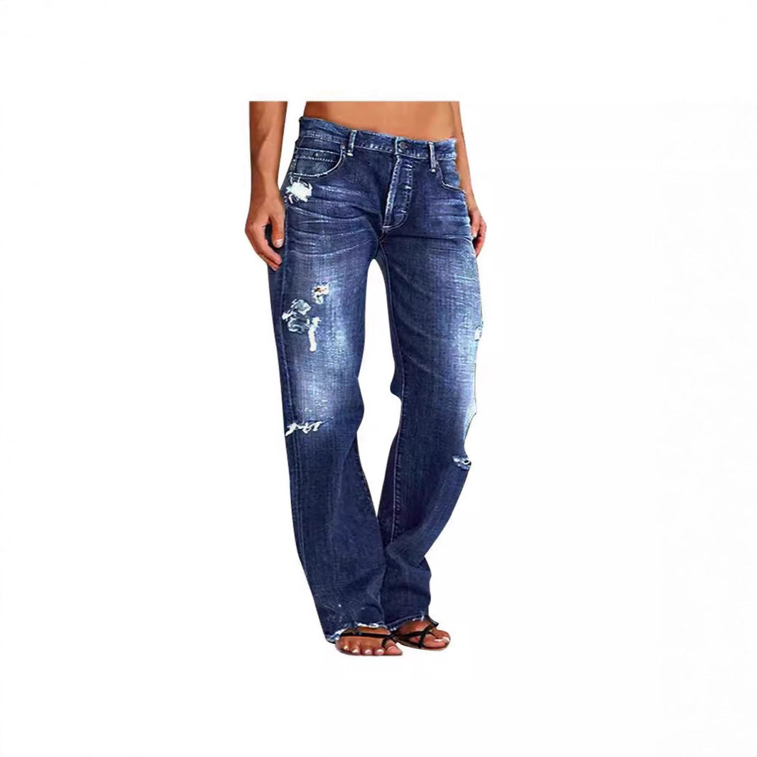 Damen Weitbein Jeans Destroyed Lässig Blau