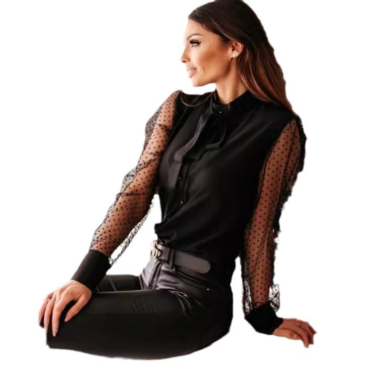 Damen Elegante Bluse Transparente Ärmel Mit Schleife