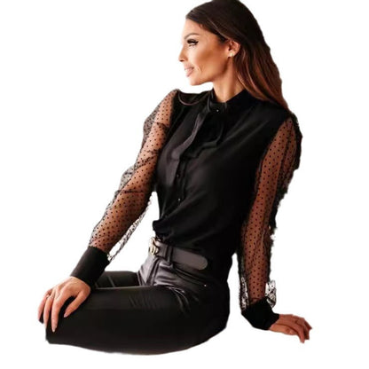 Damen Elegante Bluse Transparente Ärmel Mit Schleife