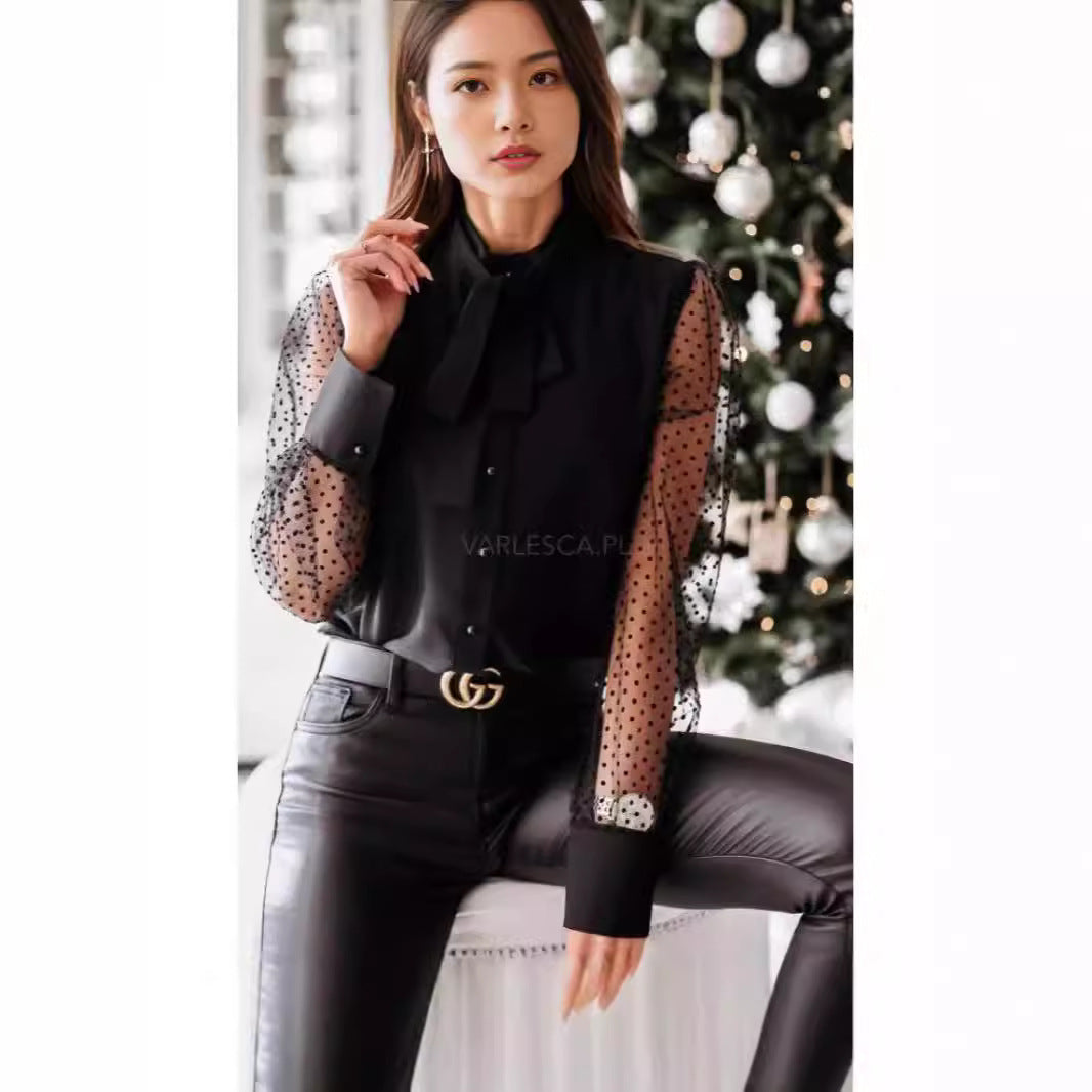 Damen Elegante Bluse Transparente Ärmel Mit Schleife