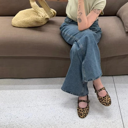 Damen Ballerinas Leopardenmuster Schnürsenkel