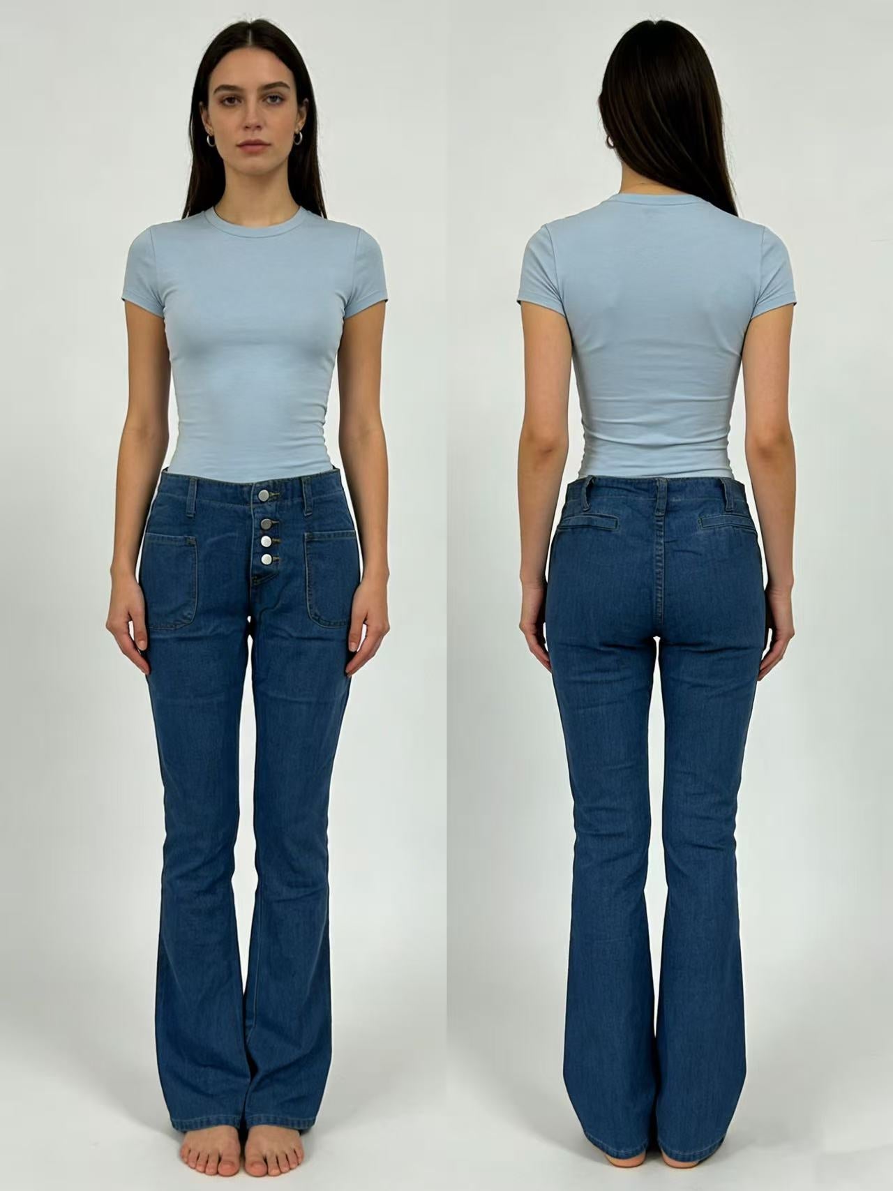 Damen High Waist Bootcut Jeans mit Knopfleiste
