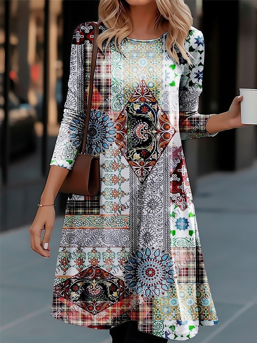 Damen Langarmkleid Farbenfrohes Muster Modern