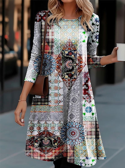 Damen Langarmkleid Farbenfrohes Muster Modern