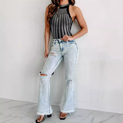 Damen Flare Jeans Ripped mit Fransen