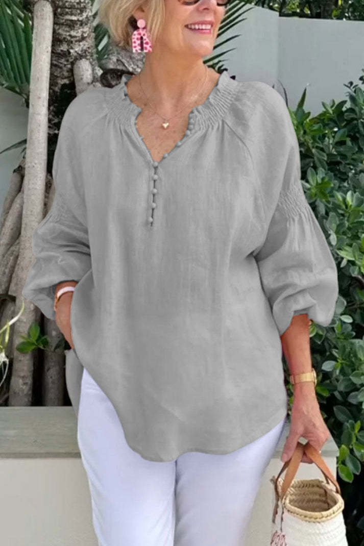 Damen Bluse Elastisch Puffärmel Mit Knöpfen