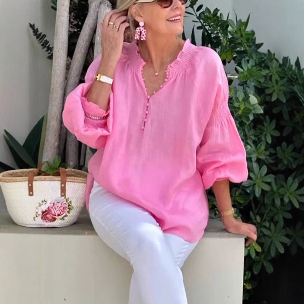 Damen Bluse Elastisch Puffärmel Mit Knöpfen - Norvielle
