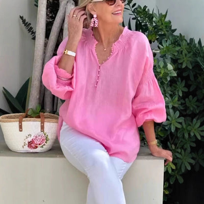 Damen Bluse Elastisch Puffärmel Mit Knöpfen - Norvielle