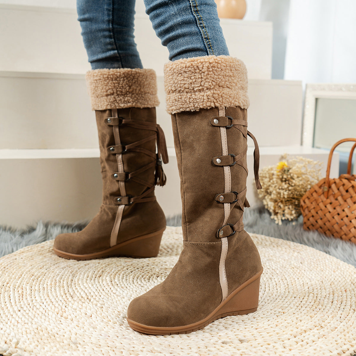 Damen Wedge Stiefel Kuschelig Schnürsenkel Hochzeitsfarbe e Schuhe