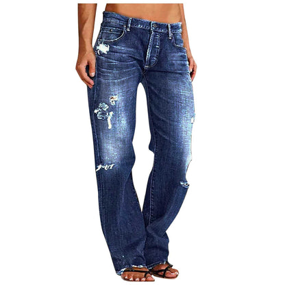 Damen Weitbein Jeans Destroyed Lässig Blau