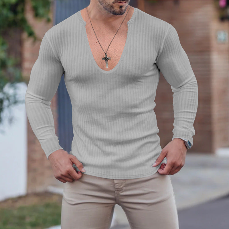 Herren Langarm-Shirt V-Ausschnitt Strukturiert