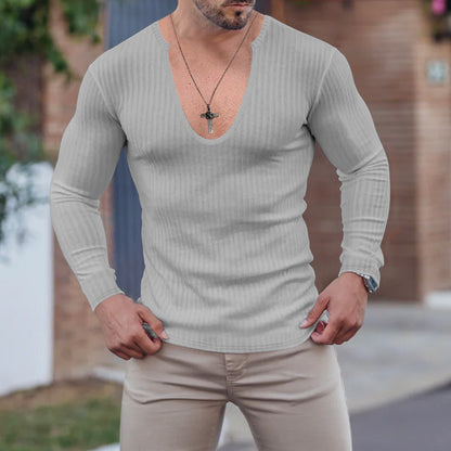 Herren Langarm-Shirt V-Ausschnitt Strukturiert