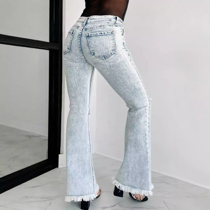 Damen Flare Jeans Ripped mit Fransen