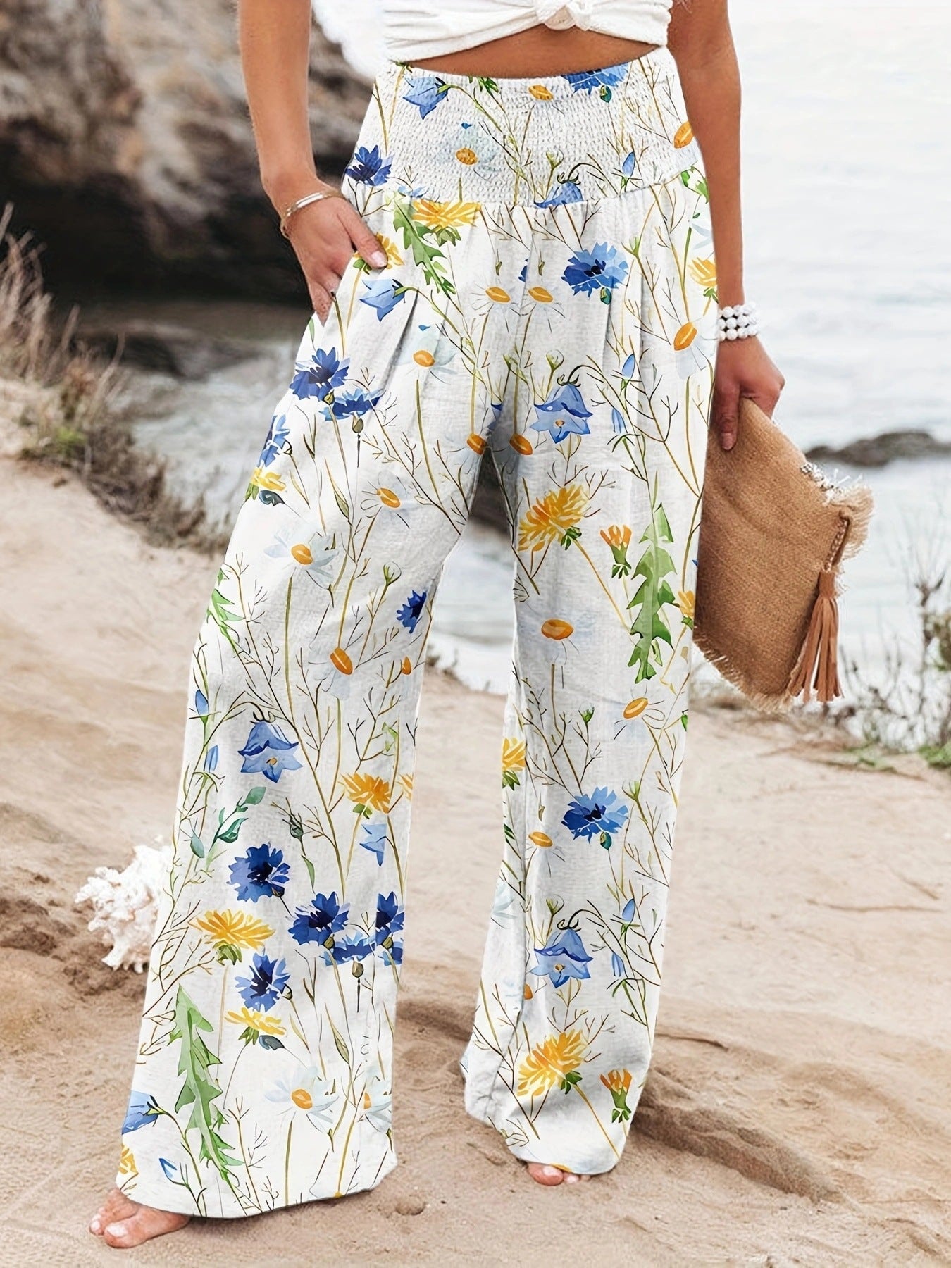 Damen Strandhose Bequem Elastisch Floral