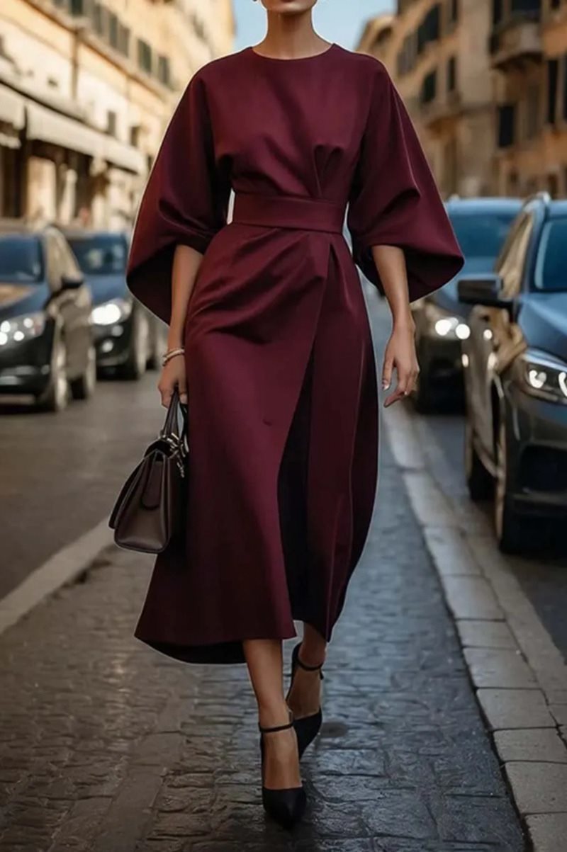 Damen Midikleid Puffärmel Elegant