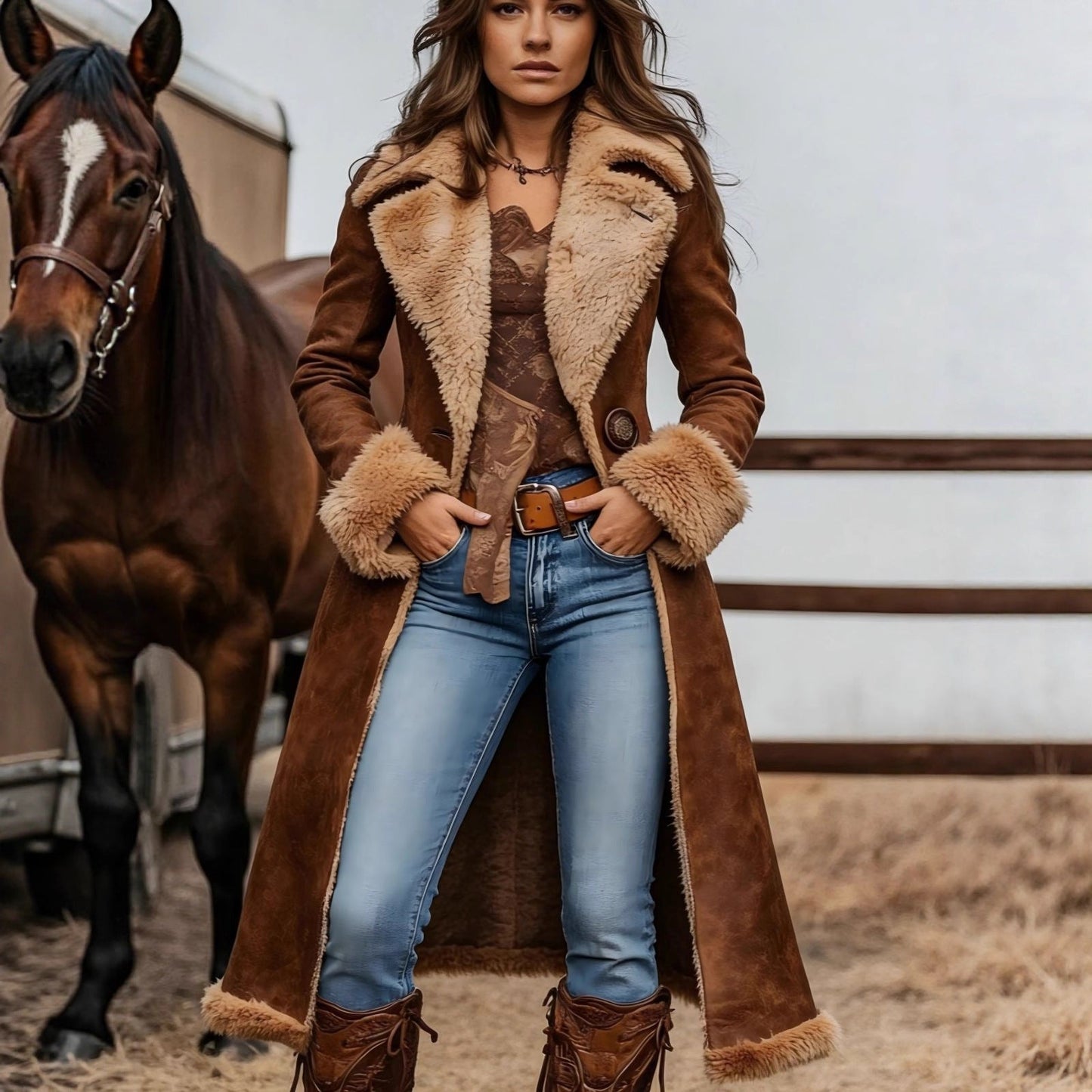 Damen Lammfelljacke Breitkragen Warm