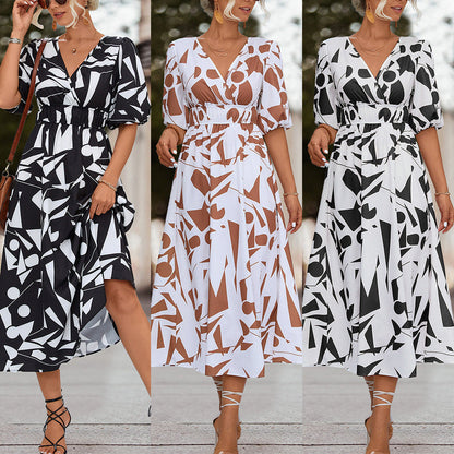 Damen Midikleid Geometrisches Muster Elastisch Schwarz - Norvielle