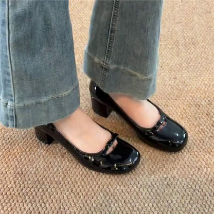 Damen Ballerinas Bequem Blüten Schnalle Blockabsatz
