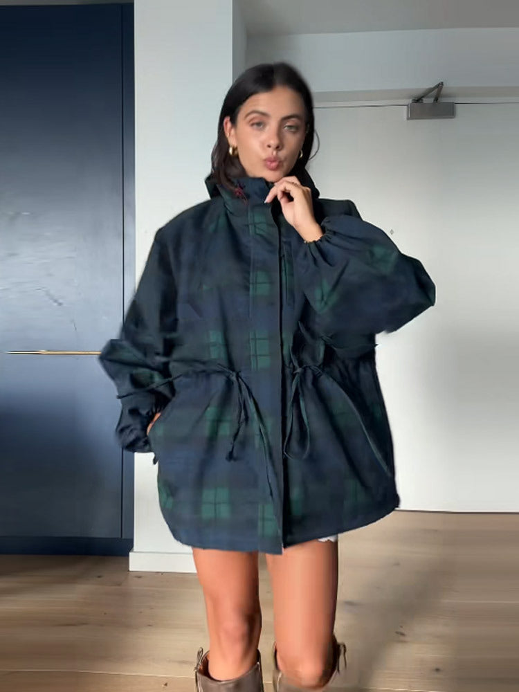 Damen Oversized Karo Jacke Mit Taschen Lässig