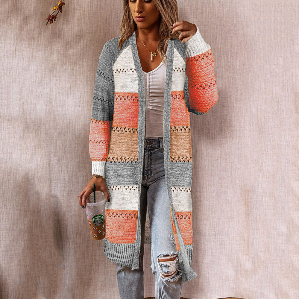 Damen Strickjacke Lang Streifenmuster Offen