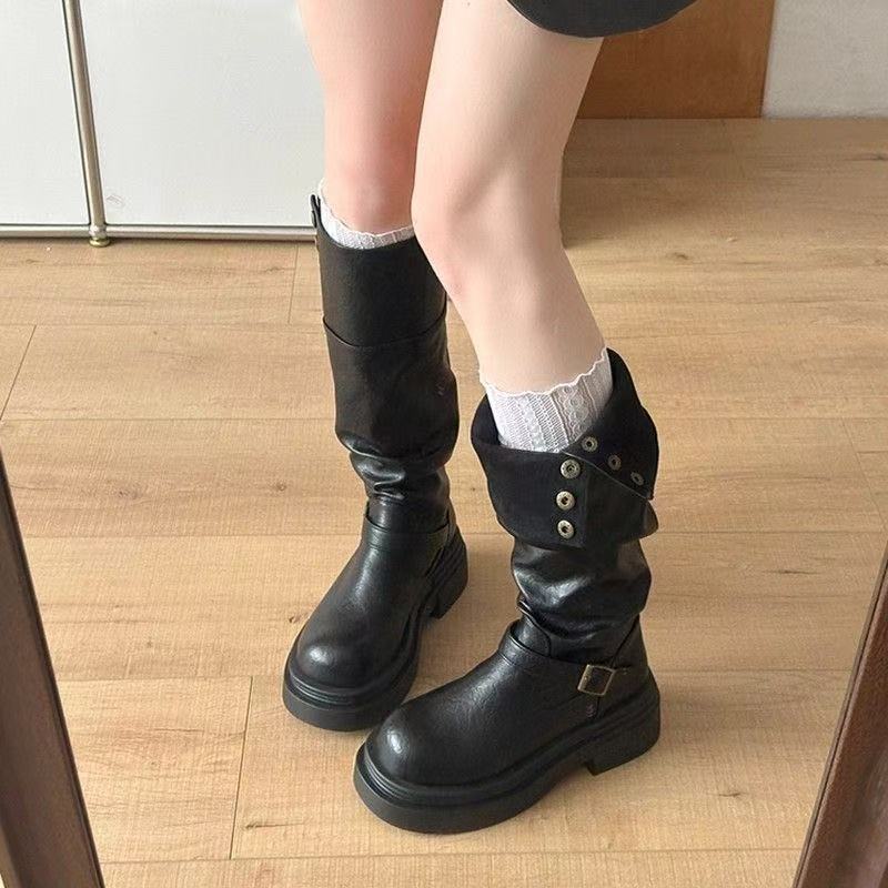 Damen Lederstiefel Elegant mit Riemen Schwarz - Norvielle