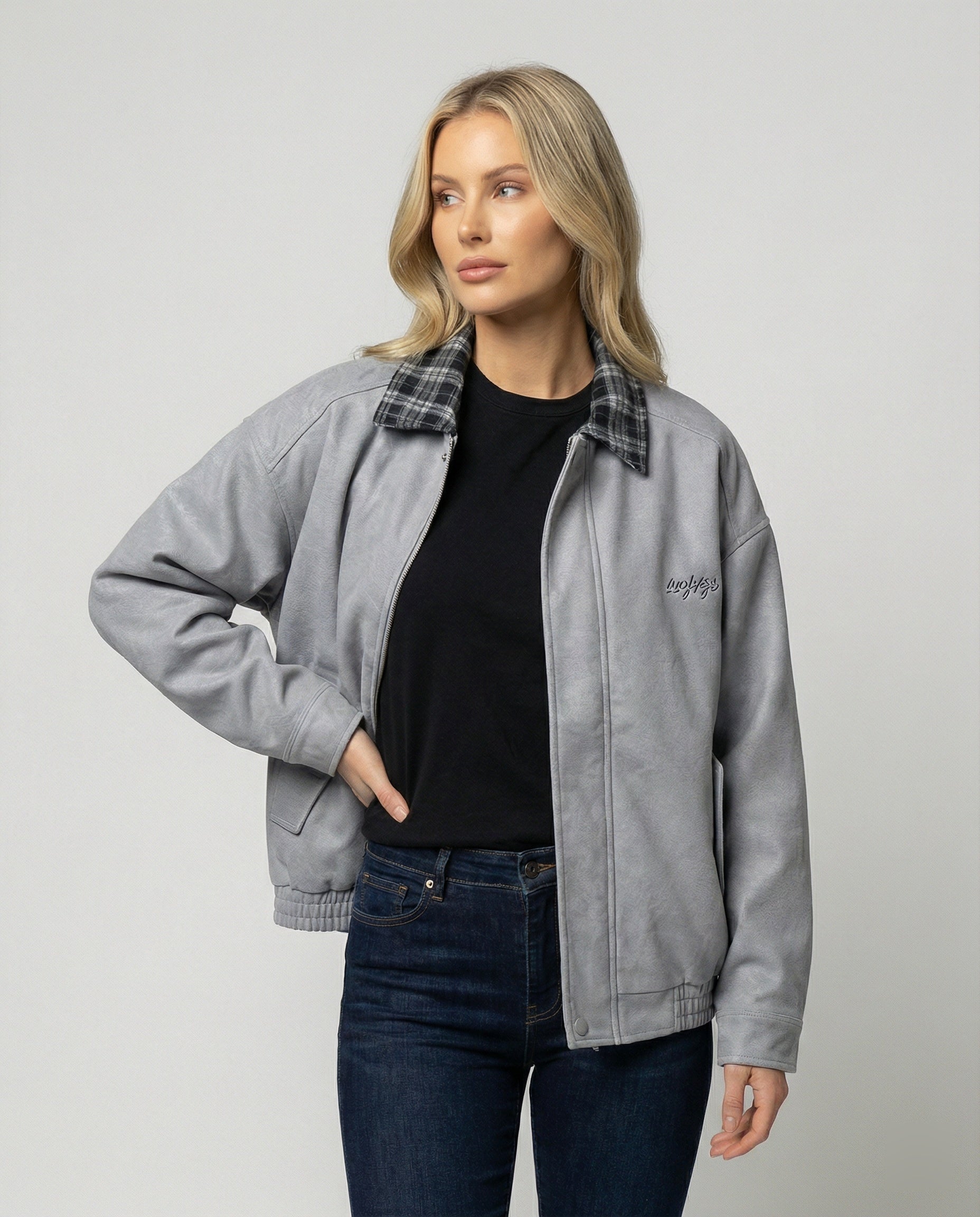 Damen Lederjacke Wildleder Karomuster Schwarz - Norvielle