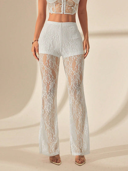 Damen Elegante Spitze Weitbein Hose