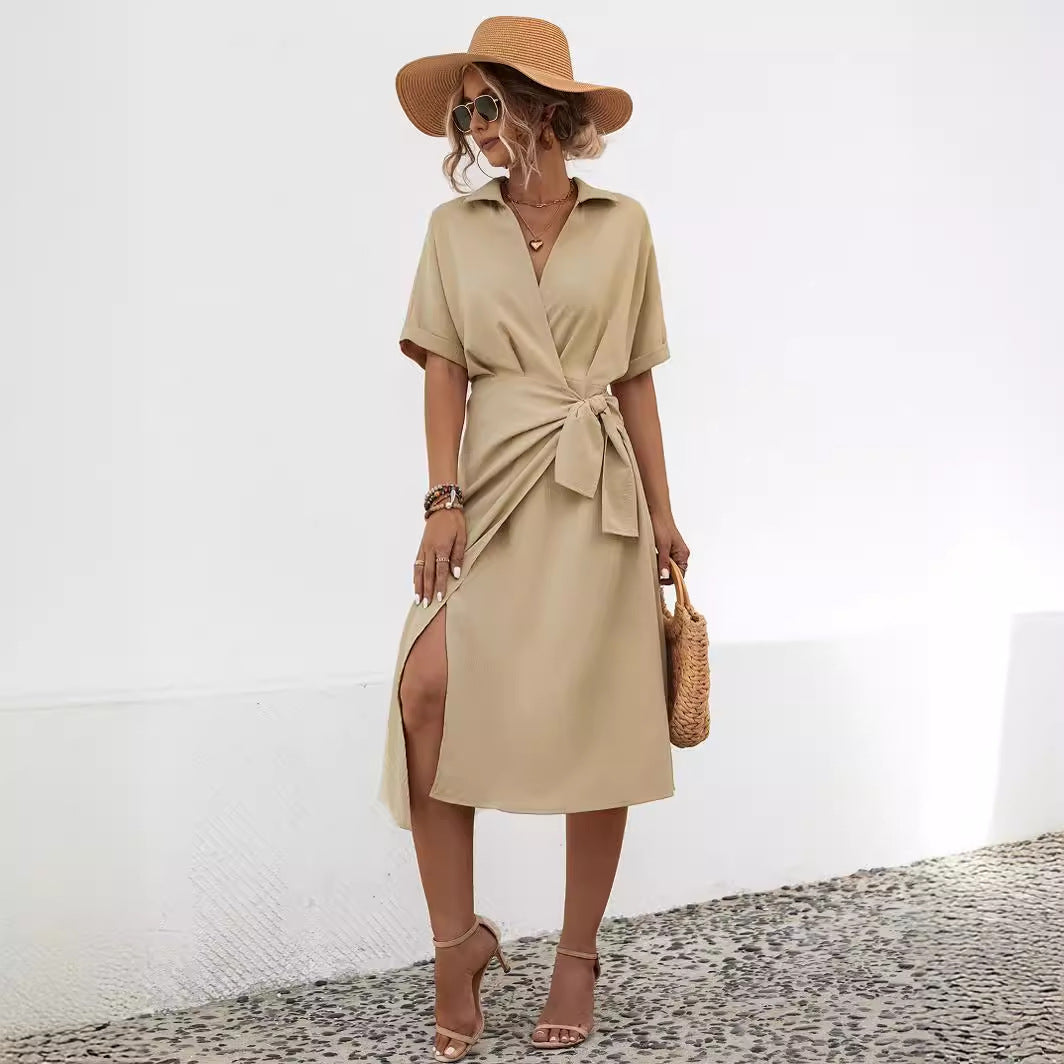Damen Wickelkleid Kragen Gürtel Elegantes Design