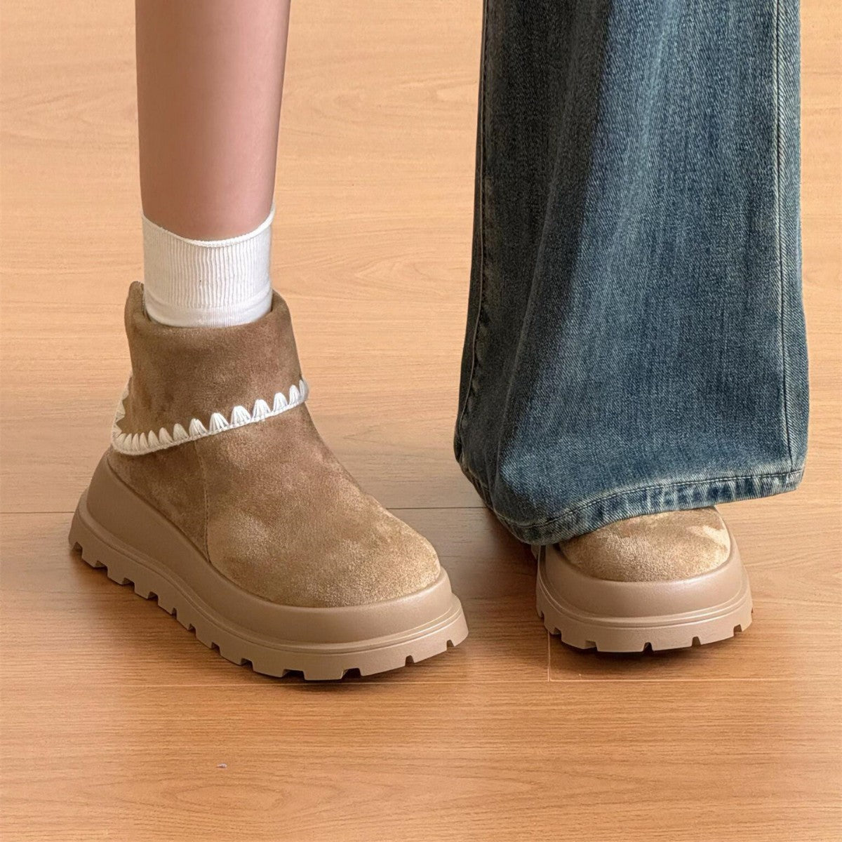 Damen Stiefeletten Weiches Wildleder Rippensaum Schwarz - Norvielle