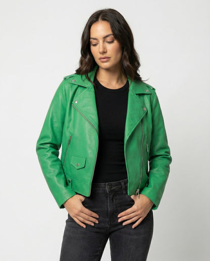 Damen Lederjacke Kurz Asymmetrisch Schwarz - Norvielle