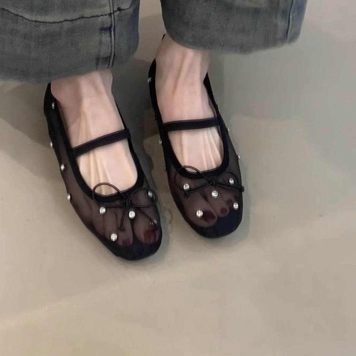 Damen Ballerinas Transparent mit Perlen Schmuck