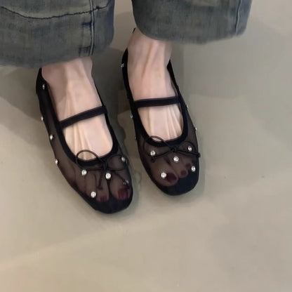 Damen Ballerinas Transparent mit Perlen Schmuck