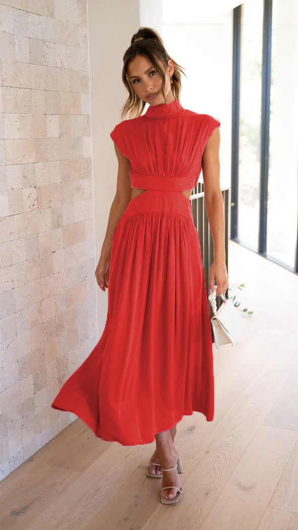 Damen Maxikleid Stehkragen Elegant Cut Out