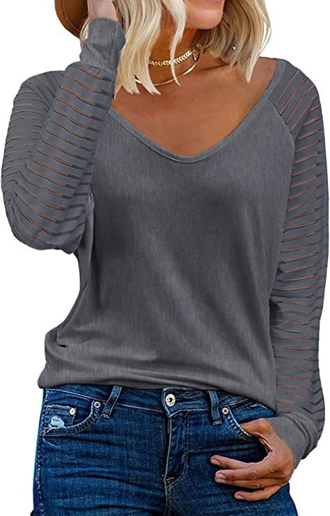 Damen V-Ausschnitt Durchsicht Ärmel Trendy
