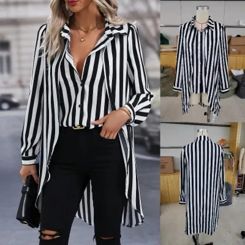 Damen Langarmbluse Streifenmuster Asymmetrisch