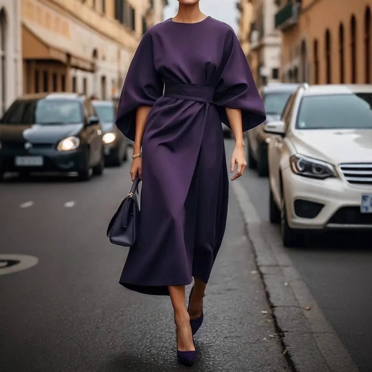 Damen Midikleid Puffärmel Elegant